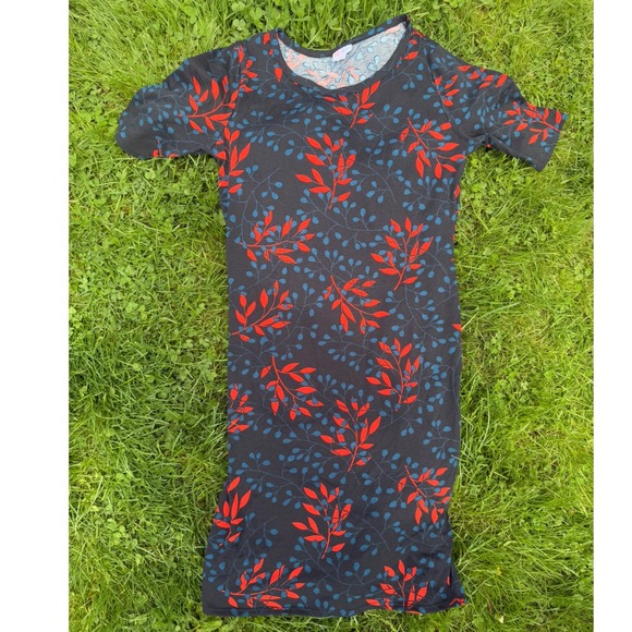 LuLaRoe Dress Bodycon Knit Short Sleeve Casual Leaf Print Black‎ Large - Picture 1 of 5